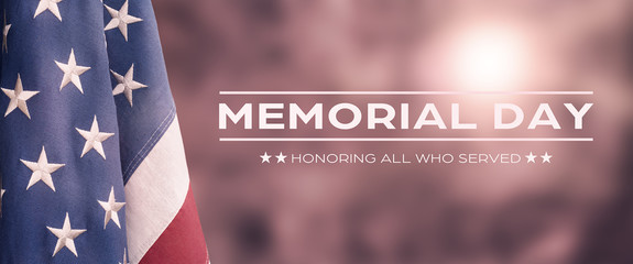 American National Holiday. US Flags with American stars, stripes and national colors. Memorial Day.