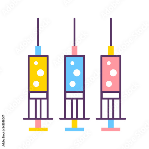 Medical syringes with substances, clinical tools flat illustration