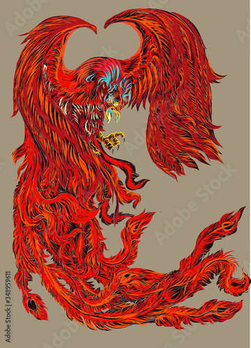 Phoenix Fire bird illustration and character design.Hand drawn Phoenix tattoo Japanese and Chinese style,Legend of the Firebird is Russian fairy tales and it is creature from Slavic folklore.