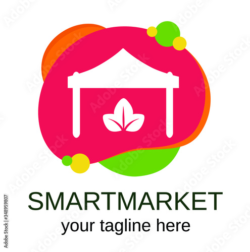 Trend vector logotype with green, pink, yellow and orange shapes.  Good for marketplace ore fresh food shop. Colorful modern emblem with logo text and tagline.