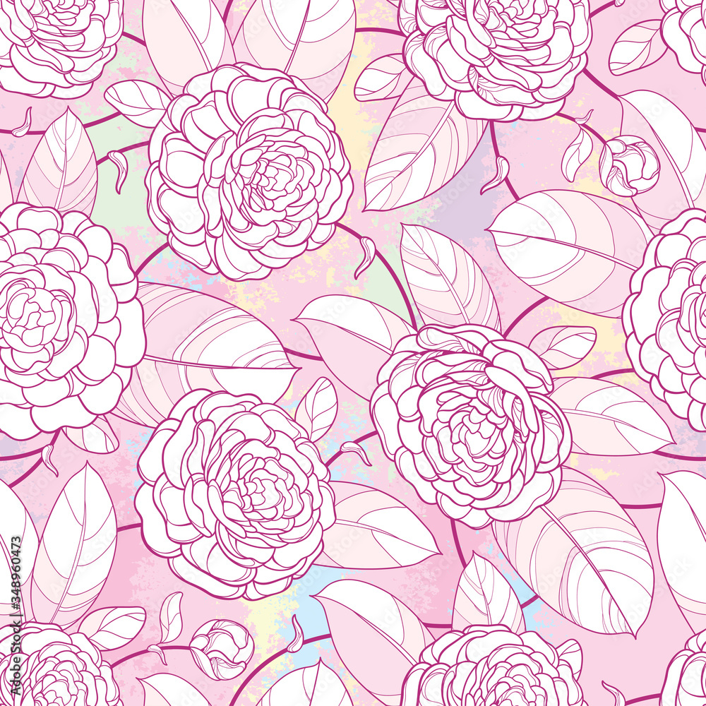 Seamless pattern with outline open Camellia flower, bud and ornate leaf in pastel pink on the white background. Seamless pattern with outline open Camellia flower, bud and ornate leaf in pastel pink on the white background.