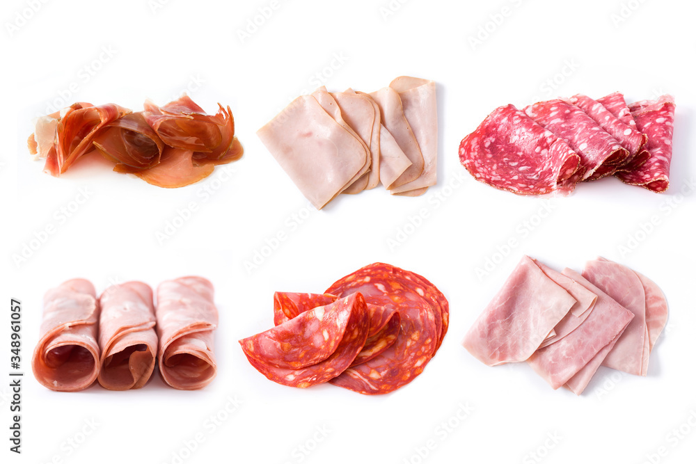 Assortment of different cold meat collage isolated on white background Assortment of different cold meat collage isolated on white background