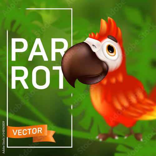 Cute ara parrot with big beak sitting on the branch, cartoon tropical bird with blurred effect. Vector illustration of funny red macaw mascot character on green leaves background