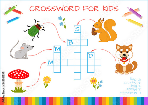 Mini-game: crossword for children. Learning English words. Set of funny characters: Mushroom, mouse, bug, squirrel, dog. Vector illustration for kids.