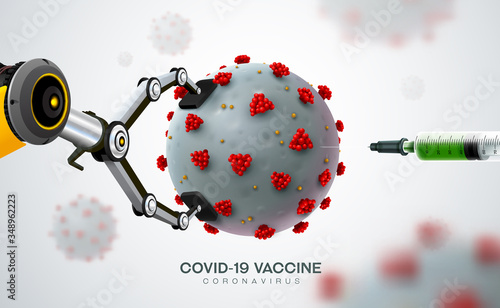nano robot hand ai with corona virus covid 19 vaccine in realistic style in microscope monitor