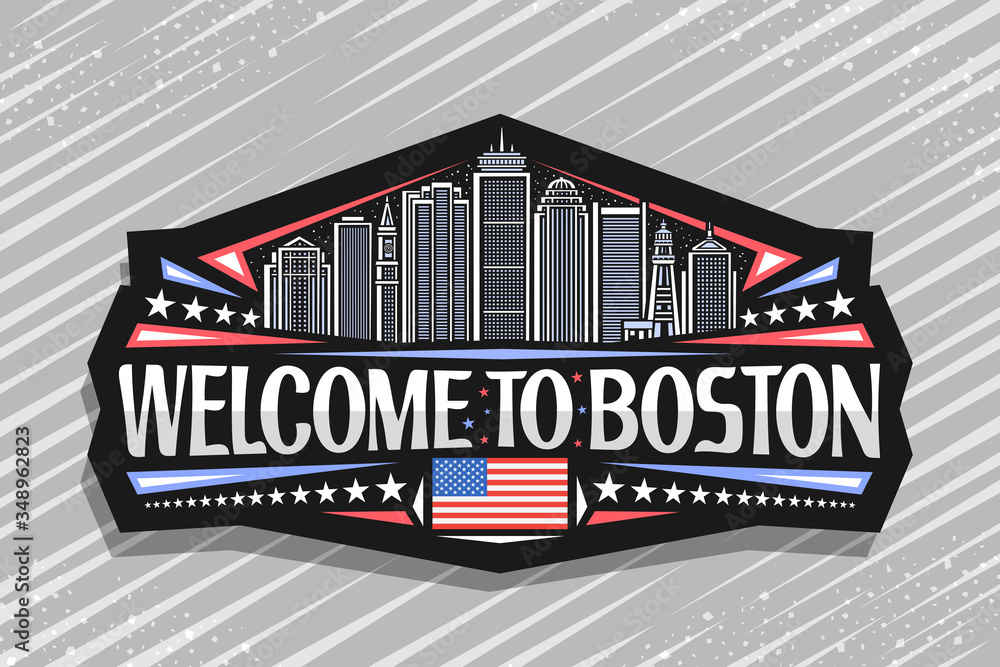 Vector logo for Boston, black decorative badge with line illustration of famous boston city scape on twilight sky background, tourist fridge magnet with unique letters for words welcome to boston.