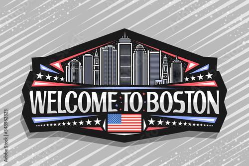 Vector logo for Boston, black decorative badge with line illustration of famous boston city scape on twilight sky background, tourist fridge magnet with unique letters for words welcome to boston. photo