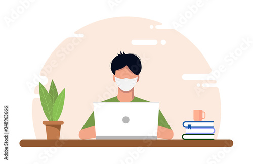 Work at home concept, coworking space flat illustration. Masked young guy an freelancer working at a table on a laptop during Covid-19 quarantine. Vector stock flat style self employed.
