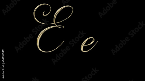 E e 3D letter render gold on black background