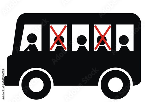 Safe distances between people on the bus, black silhouette, vector icon	