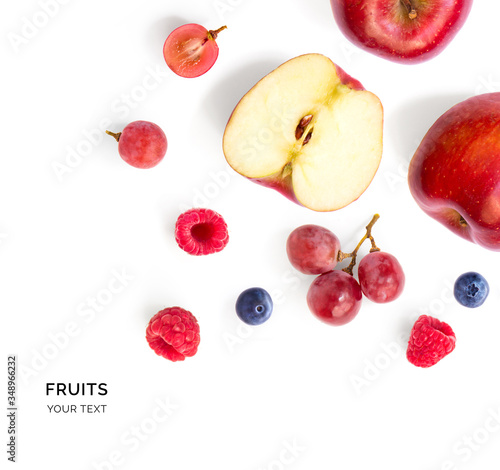 Fototapeta Naklejka Na Ścianę i Meble -  Creative layout made of apple, raspberry, grape and blueberry. Flat lay. Food concept. 