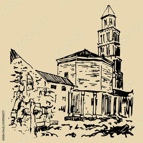 Isolated vector illustration. View of a Roman Diocletian's palace at Split in Croatia (Yugoslavia). Hand drawn linear ink sketch. Black silhouette on beige background.