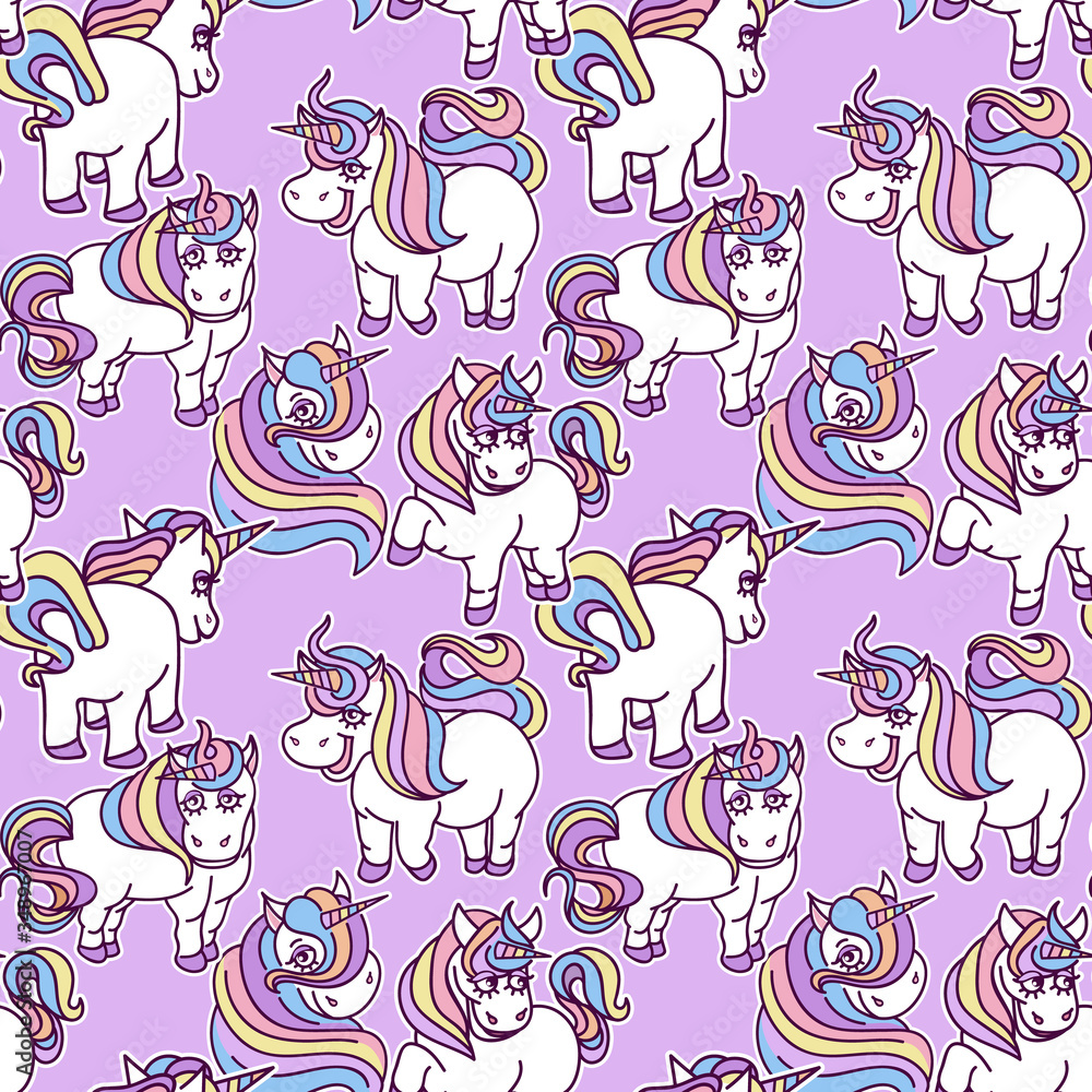Seamless pattern with cute unicorns in cartoon stile on purple background, Perfect for fabric, wallpaper, wrapping paper, Vector illustration