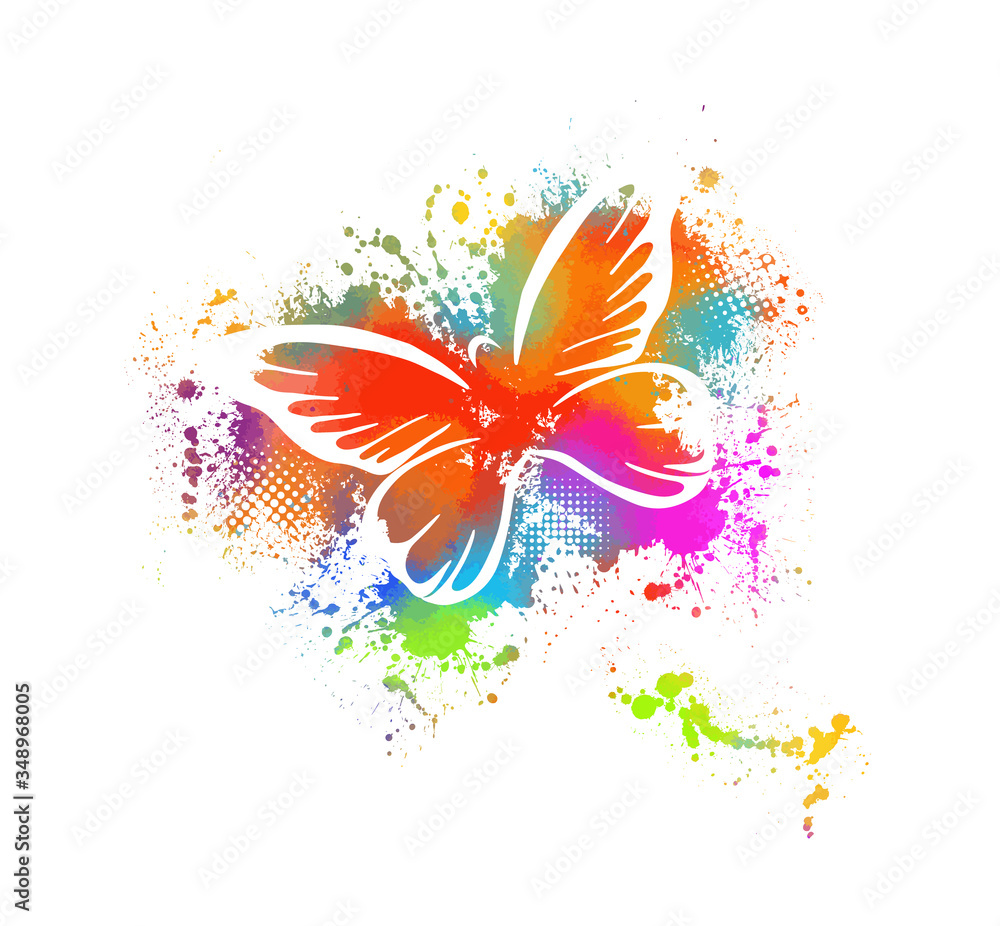 A colored butterfly. Abstract butterfly from spots of paint. Mixed media. Vector illustration