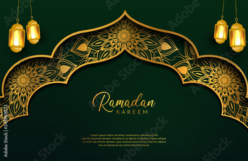 Eid mubarak background in luxury style. Vector illustration of dark green arabic design with gold lantern or fanoos for Islamic holy month celebrations. Month of fasting for muslim