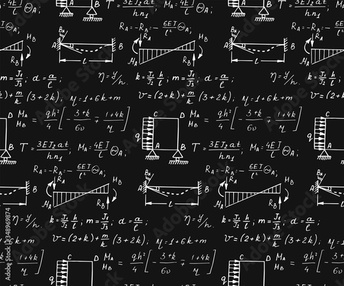 Physics seamless pattern with the equations, figures, schemes, formulas and other calculations on chalkboard. Retro scientific and education handwritten vector Illustration.