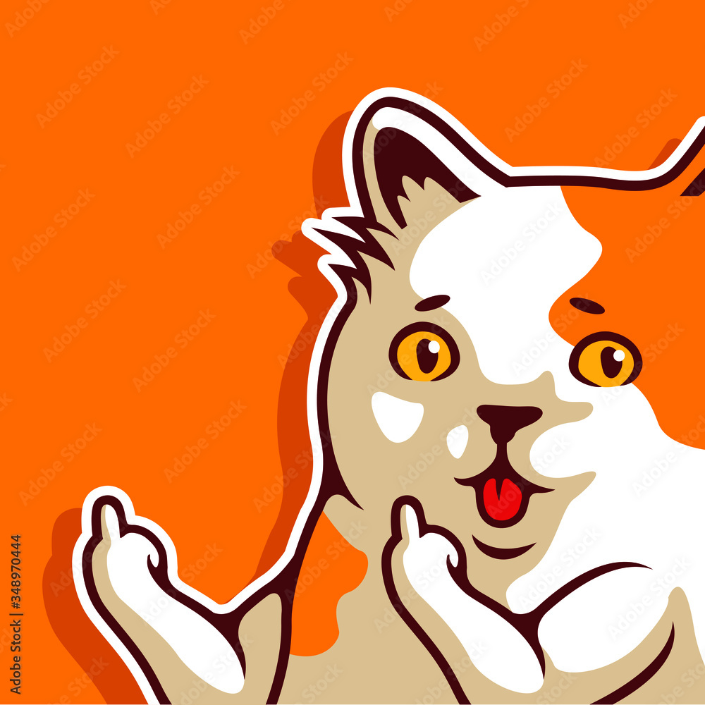 Obraz premium Fat Cat Animals Sticking Out Tongue Showing Middle Finger Hand Sign Isolated on Orange Background - Vector