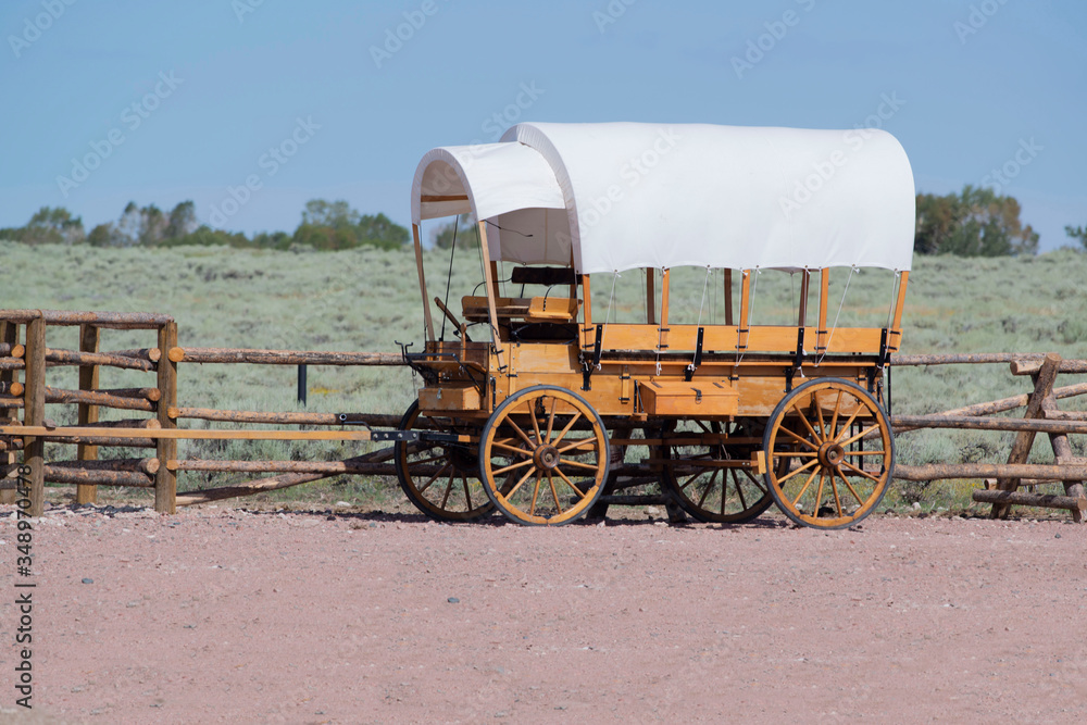 Western covered chuckwagon restored for cooking food on a trail drive
