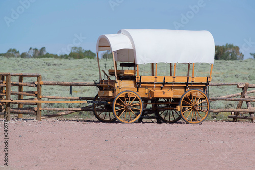 Western covered chuckwagon restored for cooking food on a trail drive photo