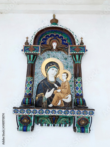  Russia. Icon of Tikhvin mother of God on the wall of the chapel of the same name in Voskresensky Goritsky monastery in Vologda region