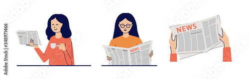 Set of modern vector illustrations isolated on white. People read news. Young woman with a cup of coffee reading newspaper. Girl in glasses sitting at the table, looking through the article.