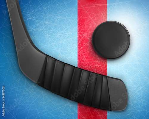 Wooden stick and black rubber puck on ice with traces from skates. Realistic vector illustration of hockey equipment on ice texture background. Template for sport event, bets site, competition.