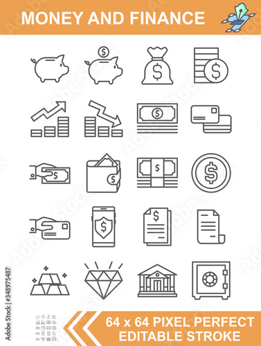 Finance set icon, dollar, coin, credit card, gold, wallet, diamond, money management, and smartphone security. Editable stroke. 64 x 64 pixel perfect. vector illustrator outline flat design.