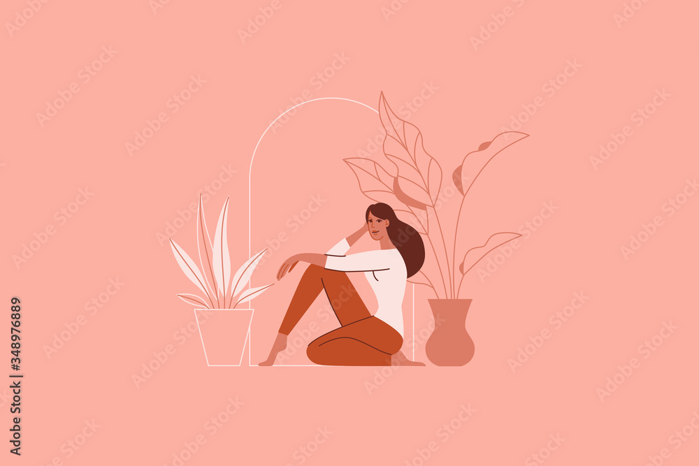 Vector illustration in minimal flat linear style - minimalistic modern art. Beautiful woman and leaves and flowers  - beauty and fashion concept for cosmetics