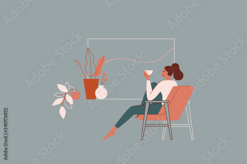 Vector illustration in minimal flat linear style - minimalistic modern art. Beautiful woman