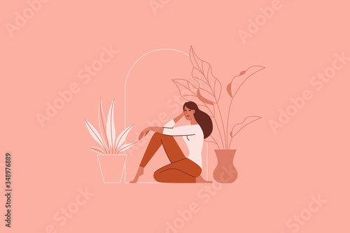Vector illustration in minimal flat linear style - minimalistic modern art. Beautiful woman and leaves and flowers  - beauty and fashion concept for cosmetics