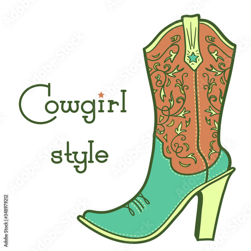 Cowgirl boot with floral bouquette and text. Ladies cowboy color vector boot illustration with sunflowers isolated on white. Country fahion