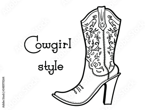 Cowgirl boot with floral bouquette and text. Ladies cowboy color vector boot illustration with sunflowers isolated on white. Country fahion