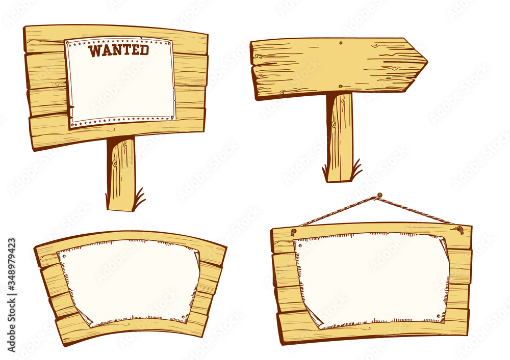 Wooden street signs. Vector set of vintage wood boards with old paper ...