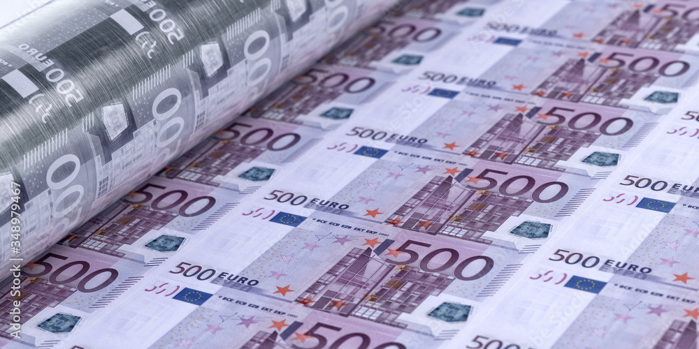 Coronavirus covid-19 pandemic Europe economics impact 3D concept. Euro banknotes printing, 500 euro sheet closeup. Europe economy, banking, finance, stock market, business investment design background Coronavirus covid-19 pandemic Europe economics impact 3D concept. Euro banknotes printing, 500 euro sheet closeup. Europe economy, banking, finance, stock market, business investment design background