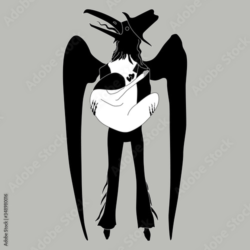 Isolated vector illustration. Two fantastic characters. Raven man holding young girl in his arms. Monochrome silhouette. Romantic love. Totem lover.