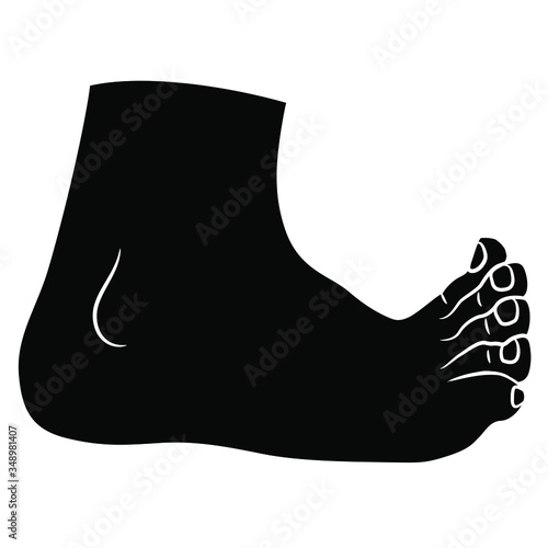 Isolated vector illustration. Bare human foot with funny toes. Black and white silhouette.