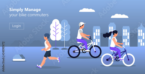 Mange bike commuter concept vector for homepage. City park, urban landscape in trendy colours. Bicycle rent service in any location of town. People are riding bike