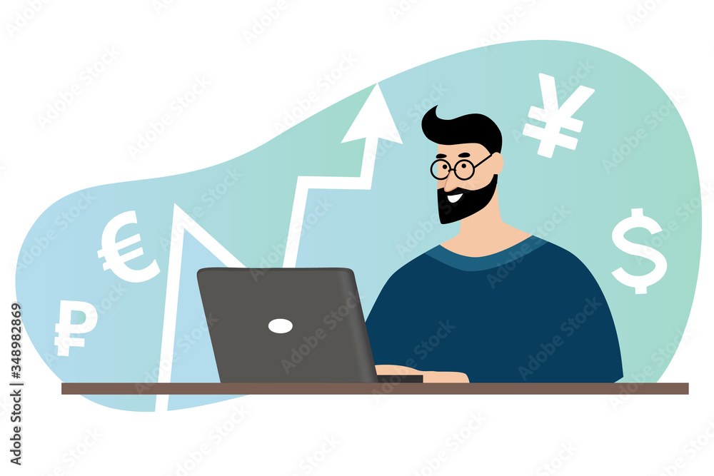 Growth in the stock market. A happy man with glasses looks at the monitor. Growth of the dollar, Euro, ruble and yen. Chart of currency and stock growth. Growth in the stock market. A happy man with glasses looks at the monitor. Growth of the dollar, Euro, ruble and yen. Chart of currency and stock growth.