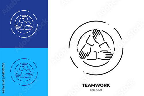 Three hands holding each other line art vector icon. Outline symbol of cooperation.