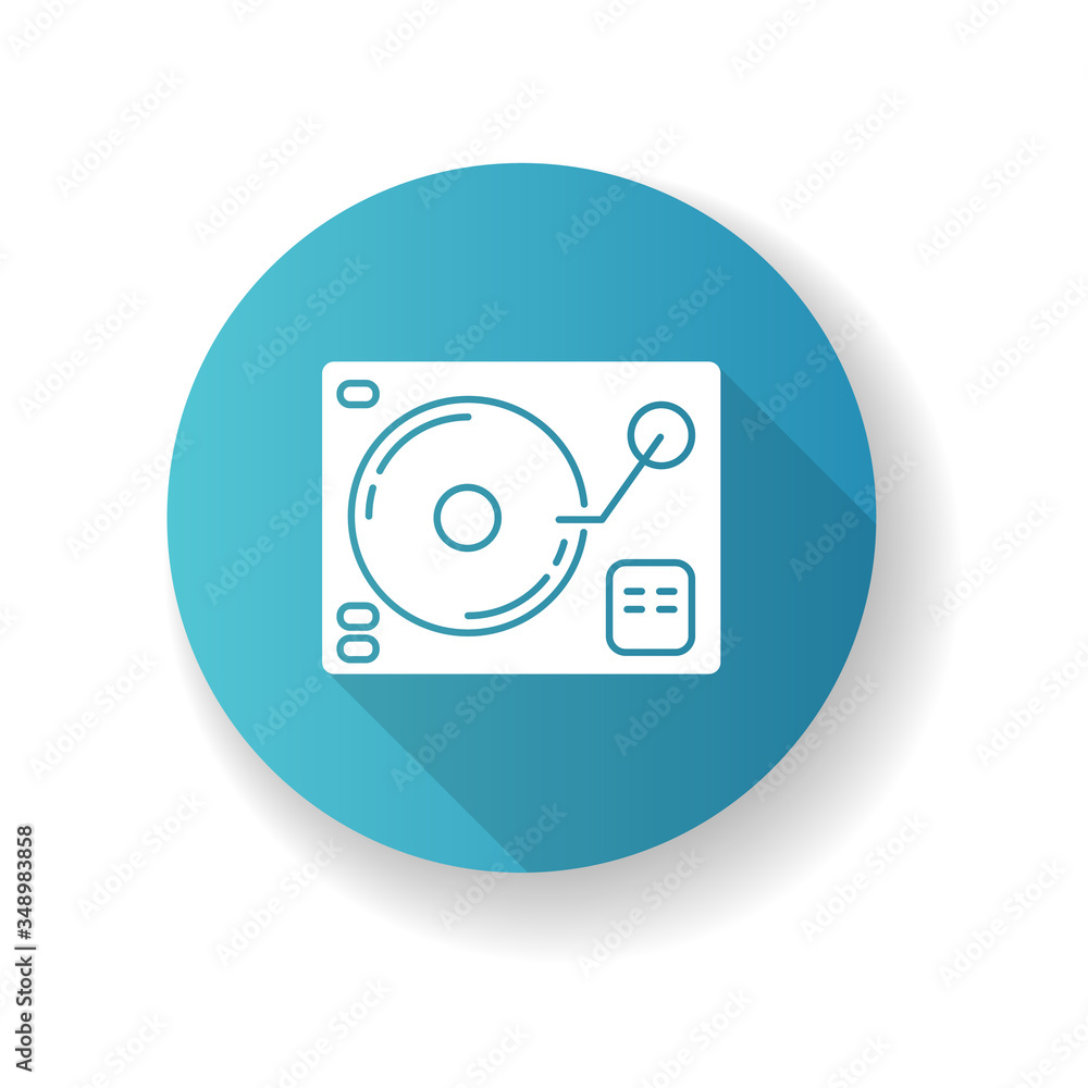 Turntablism blue flat design long shadow glyph icon. DJ equipment for party. Song mixer electronic gear. Club dance music. Console for mixing tunes. Silhouette RGB color illustration Turntablism blue flat design long shadow glyph icon. DJ equipment for party. Song mixer electronic gear. Club dance music. Console for mixing tunes. Silhouette RGB color illustration
