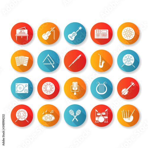 Classical musical instrument flat design long shadow glyph icons set. Live pop band concert. Orchestral music performance. Play jazz and blues song. Silhouette RGB color illustration