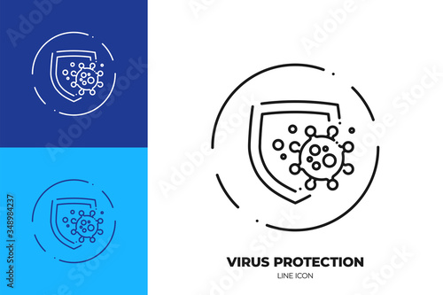 Shield protects from virus cell line art vector icon. Outline symbol of health protection.