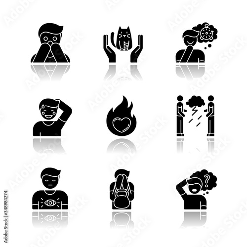 Emotion drop shadow black glyph icons set. Fear from phobia. Human feelings. Psychological treatment. Mental state. Positive attitude. Panic attack. Isolated vector illustrations on white space