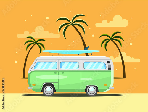 Vector illustration of a van with palm trees and clouds. Flat design.