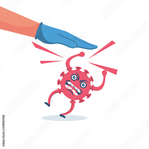 A doctor in medical rubber protective gloves kills the coronavirus. People against covid-19. A fist in a blue glove hits the bacteria. Vector illustration flat design. Isolated on white background.