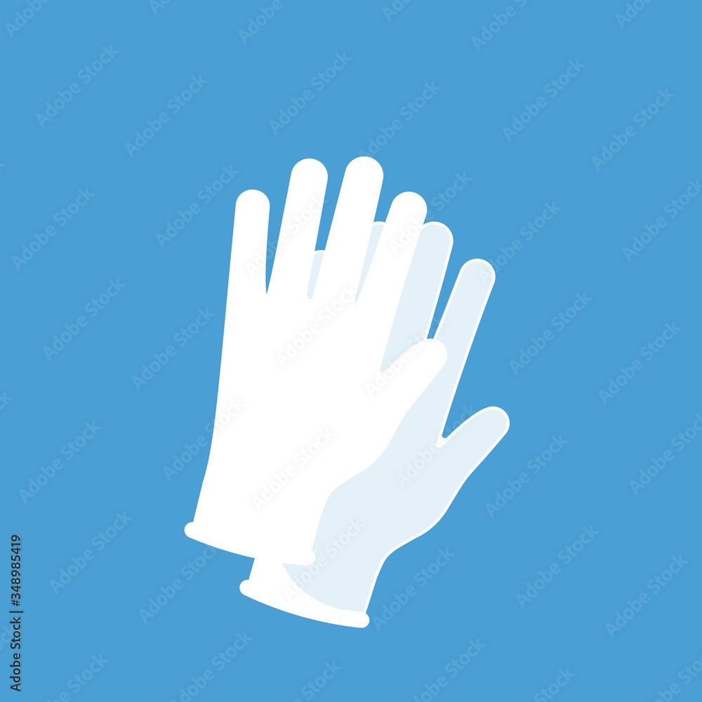 Protective white transparent gloves. Latex gloves as a symbol of protection against viruses and bacteria. Precaution icon. Vector illustration flat design. Isolated on white background. Protective white transparent gloves. Latex gloves as a symbol of protection against viruses and bacteria. Precaution icon. Vector illustration flat design. Isolated on white background.