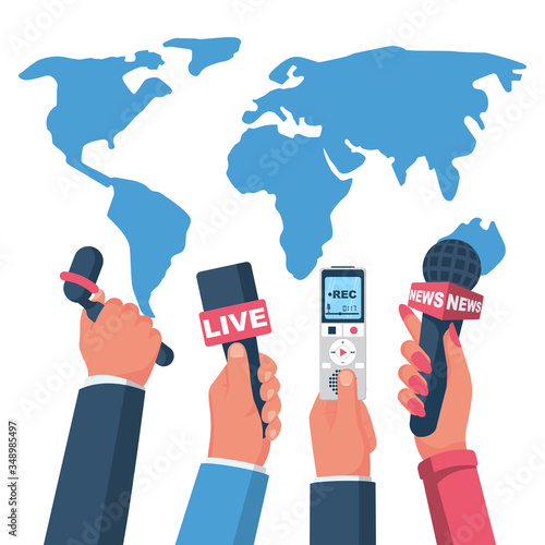 Live report concept. Microphones and voice recorder in reporter hands a journalist. Template press conference or interview. Breaking hot news. Mass media. Vector illustration flat design. Live news.