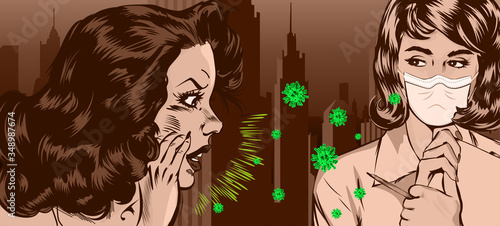 Woman without face medical mask speaks and spreads the virus by airborne droplet. Doctor wearing face mask opposite.