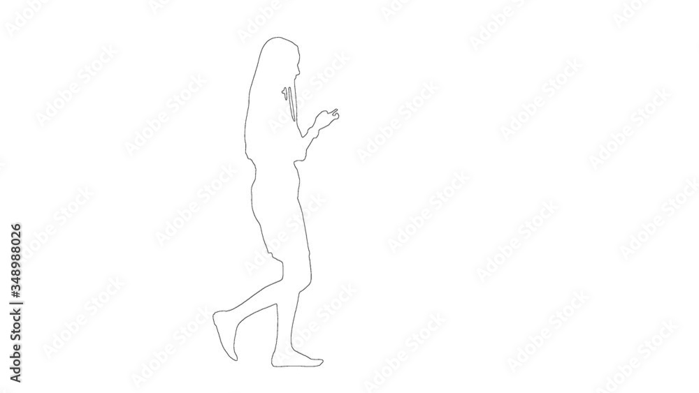 Outline sketch of slim girl with long hair walking and talking on her mobile phone isolated on white background Outline sketch of slim girl with long hair walking and talking on her mobile phone isolated on white background