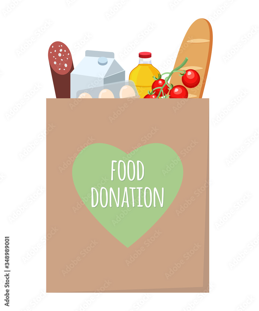 Food donation concept. Vector food donation craft bag with different  products in it. Delivery of the product during quarantine. Flat vector  illustration isolated on white background. vector de Stock | Adobe Stock